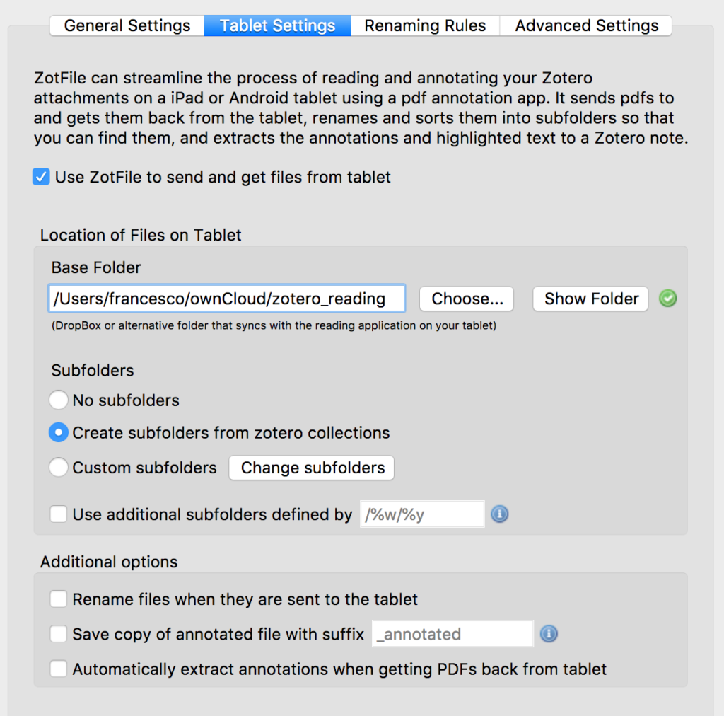 ZotFile settings to share files with a tablet