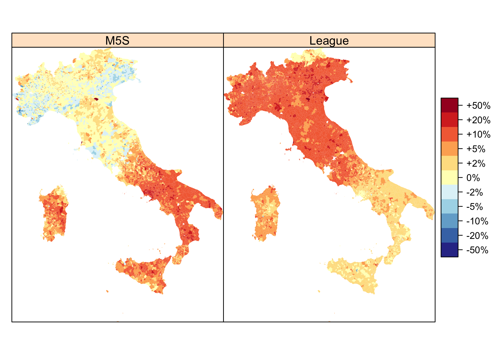 Vote difference: 2018-2013 (a few communes have not reported all the results, notably Rome)