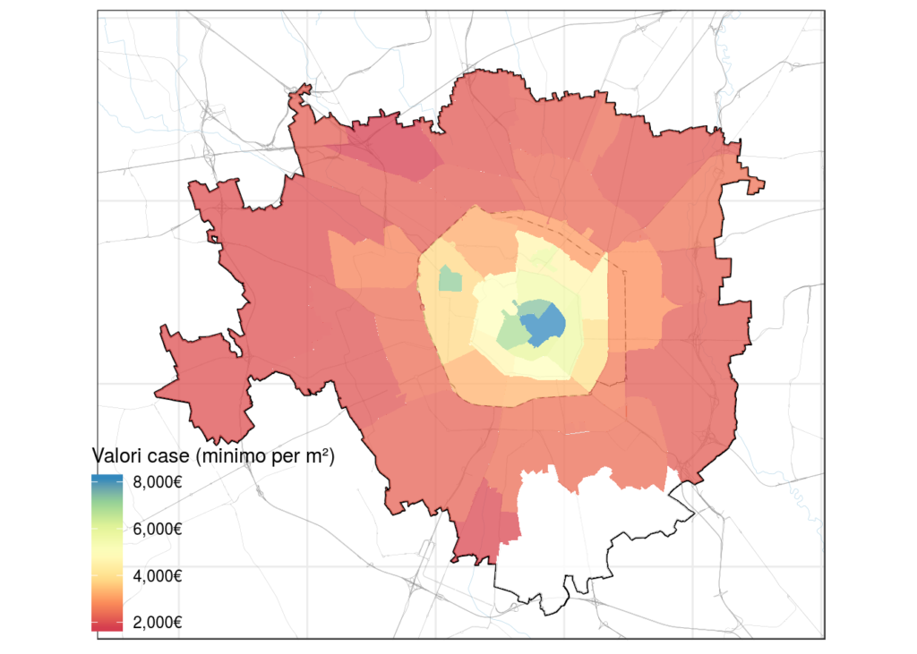 Volore medio minimo per metro quadro di abitazioni in compravendita calcolato in 41 zone di Milano sulla base di dati curati dall’Agenzia delle Entrate.